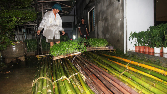 Người dân làm bè bằng lồ ô để đối phó với lũ - Ảnh: L.T