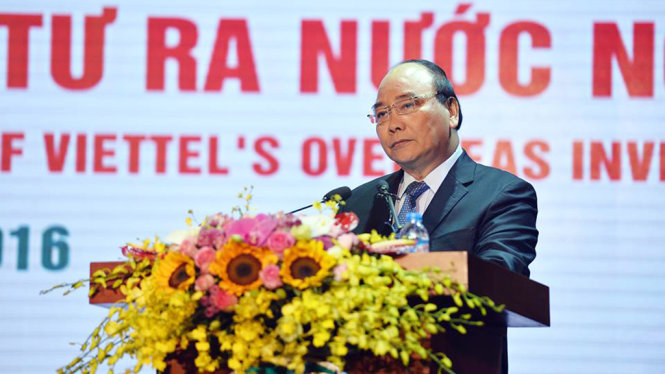 Thủ tướng Nguyễn Xuân Phúc phát biểu tại lễ kỷ niệm 10 năm Viettel đầu tư ra nước ngoài - Ảnh: L.M