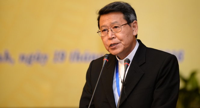 Giám mục Nguyễn Văn Khảm giám mục giáo phận Mỹ Tho, Tổng thư ký hội đồng giám mục Việt Nam chia sẻ những ý kiến tại hội nghị - Ảnh: Thuận Thắng