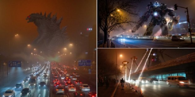 Dân mạng chế ảnh ô nhiễm ở Trung Quốc - Ảnh: RT/Twitter