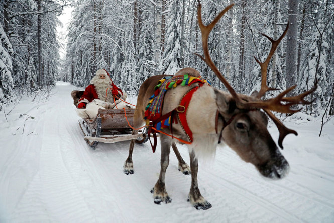 Hình ảnh cổ tích “ông già Noel” cưỡi xe tuần lộc trong tuyết trắng tại Rovaniemi (Phần Lan) - Ảnh: Reuters