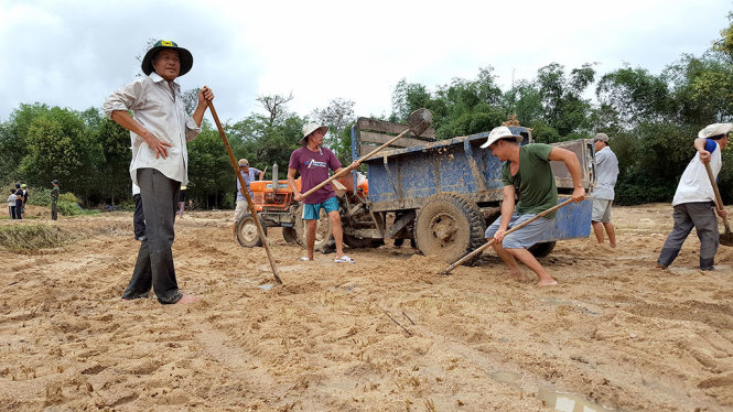 Ông Phạm Đình Hóa (đứng, ở xã Cát Lâm, huyện Phù Cát, tỉnh Bình Định) cùng các thanh niên, người thân xúc cát bồi lấp trên ruộng đưa lên máy cày để kịp sản xuất vụ đông xuân – Ảnh: DUY THANH