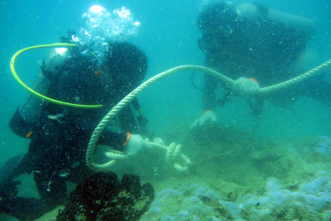 Cố định phao dưới đáy biển nơi có vườn ươn san hô - Ảnh: HỮU KHOA