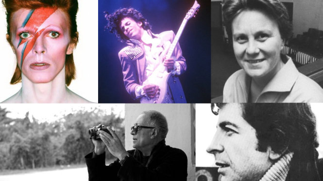 Từ trái qua: nhạc sĩ - ca sĩ David Bowie, ca sĩ Prince, nhà văn Harper Lee, đạo diễn Abbas Kiarostami và nhạc sĩ - ca sĩ Leonard Cohen Ảnh tư liệu