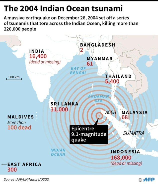 Bản đồ khu vực bị sóng thần tàn phá - Ảnh: AFP