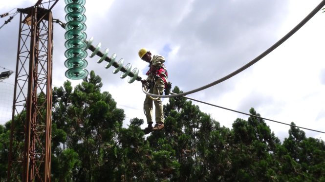 Công nhân đội truyền tải điện Krông Nô kiểm tra lưới điện - Ảnh: TẤN ĐỨC