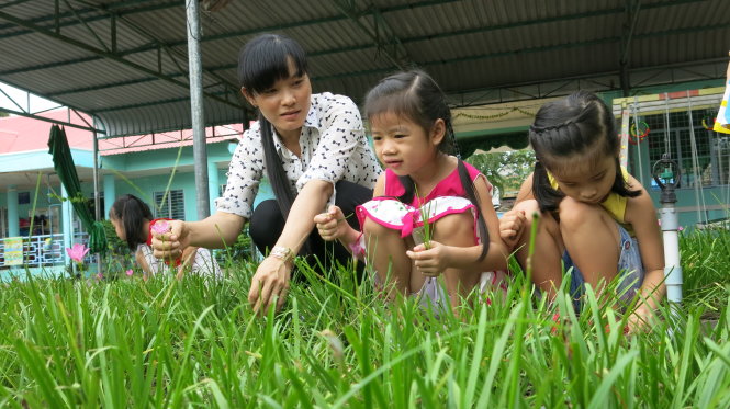 Một tiết học chăm sóc hoa ngoài trời của lớp cô Mỵ - Ảnh: T.Trang