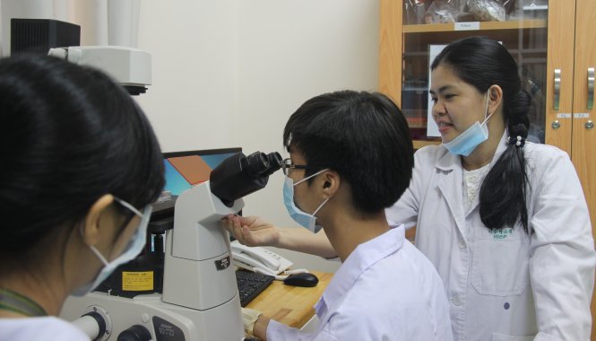 TS Nguyễn Thị Hiệp hướng dẫn sinh viên nuôi cấy tế bào tại phòng thí nghiệm y học tái tạo - Ảnh: TƯỜNG HÂN