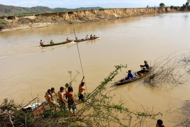 Người dân và lực lượng cứu hộ đang nỗ lực tìm kiếm anh Phan Xuân Quyền - nạn nhân mất tích sau vụ chìm xà lan trên sông Krông Ana - Ảnh: THÁI THỊNH
