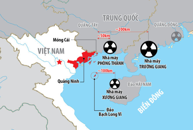 Vị trí ba nhà máy điện hạt nhân của Trung Quốc gần biên giới Việt Nam - Nguồn: Thanh Hà - Đồ họa: Như Khanh