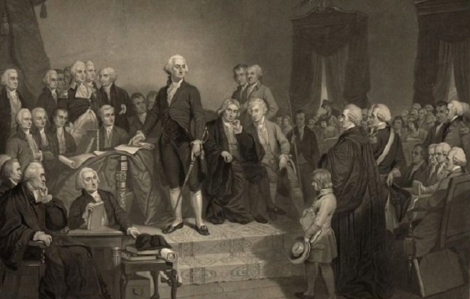 Lễ nhậm chức của ông George Washington, tổng thống đầu tiên của nước Mỹ. Ông được bầu làm Tổng thống vào năm 1789 sau một cuộc bỏ phiếu nhất trí của các đại cử tri đoàn