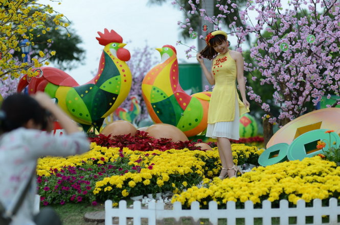 Một bạn chụp ảnh cùng cặp gà tại hội hoa xuân Phú Mỹ Hưng