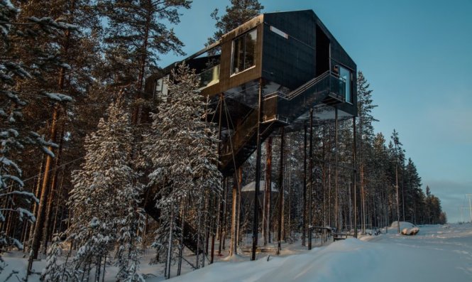 Phòng khách sạn được xây dựng trên cao, ẩn mình giữa rừng cây lá kim phủ tuyết trắng