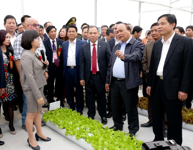 Thủ tướng Nguyễn Xuân Phúc thăm mô hình sản xuất rau sạch công nghệ cao của Vineco đầu tư tại Xuân Khê, Lý Nhân, Hà Nam - Ảnh: LÊ KIÊN