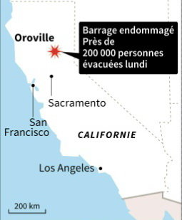 Vị trí có đập Oroville thuộc bang California - Ảnh: AFP