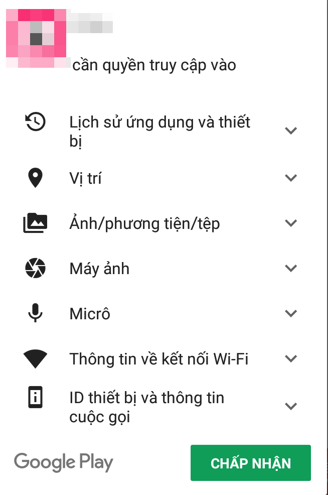 Ứng dụng yêu cầu người dùng chấp nhận cấp quyền truy cập vào nhiều dữ liệu - Ảnh chụp điện thoại