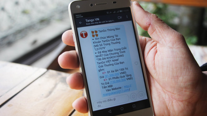 Tin nhắn trúng thưởng Tango Việt Nam đến số điện thoại ông Nam