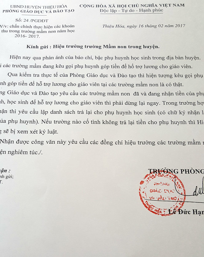 Công văn chỉ đạo của Phòng GD-ĐT huyện Thiệu Hóa (Thanh Hóa) yêu cầu các trường mầm non trả lại tiền thu sai quy định cho phụ huynh HS - Ảnh: HÀ ĐỒNG