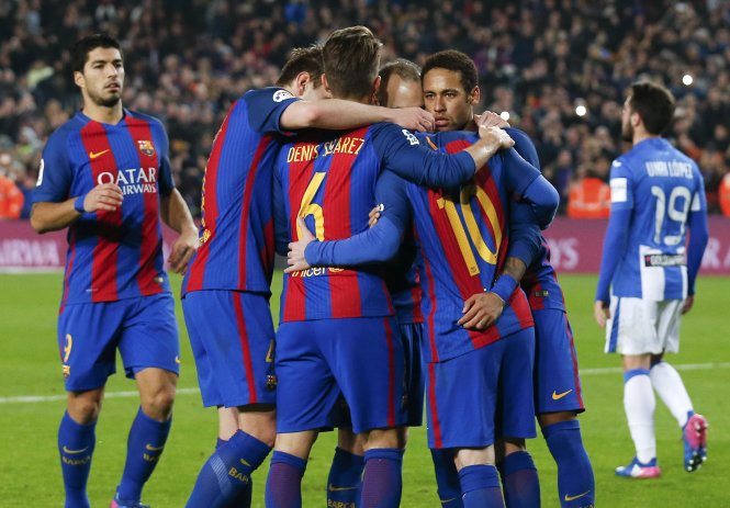 Các cầu thủ Barca ăn mừng bàn thắng vào lưới Leganes. Ảnh: REUTERS