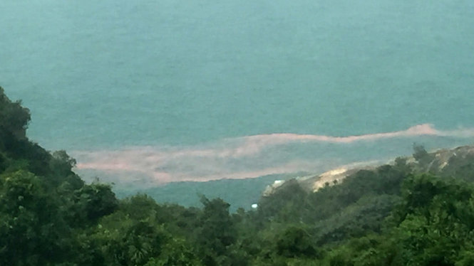 Những vệt nước đỏ xuất hiện ở bờ biển dưới chân núi bắc Hải Vân, giáp với vùng biển Lăng Cô - Ảnh: Thái Lộc