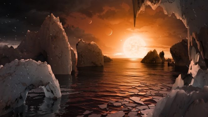 Hình ảnh mô phỏng về một trong số 7 hành tinh của hệ Trappist-1, hành tinh TRAPPIST-1f - Ảnh: NASA/JPL-Caltech