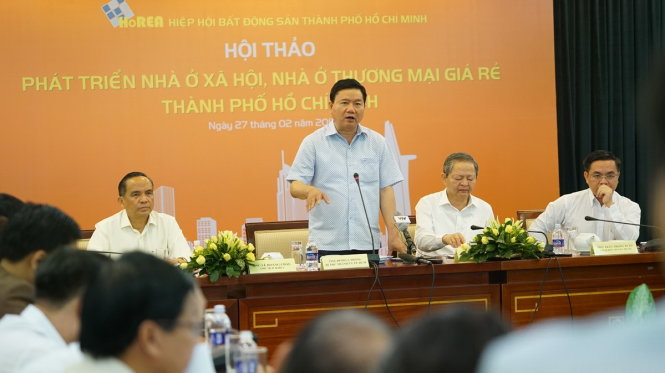 Bí thư Thành uỷ TP.HCM Đinh La Thăng thể hiện quyết tâm của chính quyền thành phố muốn xây dựng nhà ở xã hội giá rẻ và kêu gọi sự chung tay của các doanh nghiệp - Ảnh: Thuận Thắng