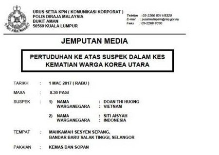 Thông báo của Malaysia cho các nhà báo về việc đăng ký dự phiên tòa xử hai nữ nghi phạm