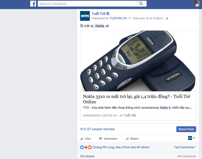 Nokia 3310 (2017) có sức hút mạnh mẽ trên mạng xã hội - Ảnh trích fanpage Báo Tuổi Trẻ (facebook.com/baotuoitre)