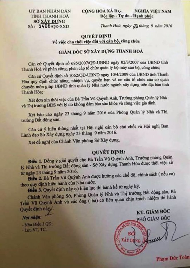 Bản quyết định cho thôi việc đối với bà Trần Vũ Quỳnh Anh đang lan truyền trên mạng