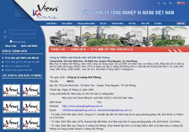 Thông tin về Công ty Xi măng Hải Phòng trên website của Vicem