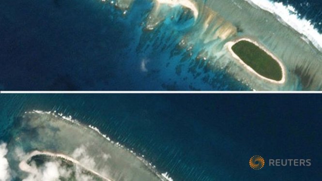 Hình ảnh vệ tinh cho thấy đảo Bắc của quần đảo Hoàng Sa, Việt Nam ngày 15-2 và ngày 6-3 - Ảnh: Reuters