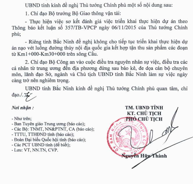 Công văn của UBND tỉnh Bắc Ninh “cầu cứu” Thủ tướng - Ảnh: HỮU THẮNG (Cổng TTĐT Bắc Ninh)