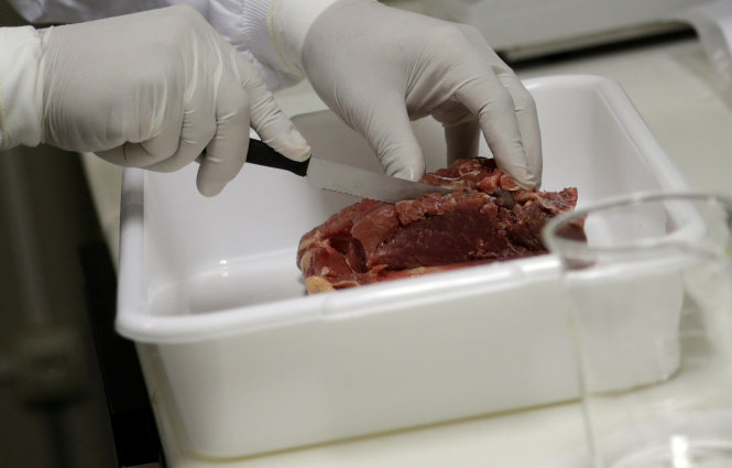 Một chuyên gia đang nghiên cứu mẫu thịt bò do các nhân viên của cơ quan giám sát sức khỏe cộng đồng lấy về trong một đợt thanh kiểm tra tại các siêu thị Brazil - Ảnh: Reuters