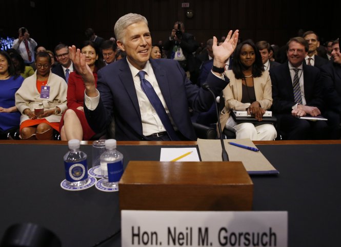 Ông Neil Gorsuch tỏ ra thoải mái trong ngày điều trần đầu tiên ở Ủy ban Tư pháp Thượng viện - Ảnh: Reuters