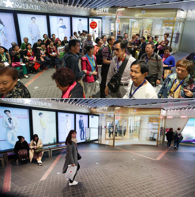 Cửa hàng miễn thuế của Lotte ở ngoại ô Seoul tràn ngập du khách Trung Quốc hồi tháng 9-2016 và cảnh vắng lặng vào hôm 18-3-2017 - Ảnh: Yonhap