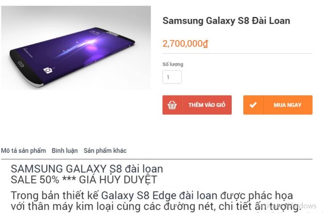 Một website rao bán Galaxy S8 Đài Loan với giá “hủy diệt” chỉ 2,7 triệu đồng. - Ảnh chụp màn hình