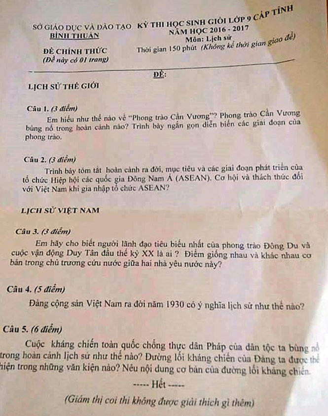 Đề thì đưa nhầm câu hỏi lịch sử VN vào phần lịch sử thế giới - Ảnh: QUANG HƯNG