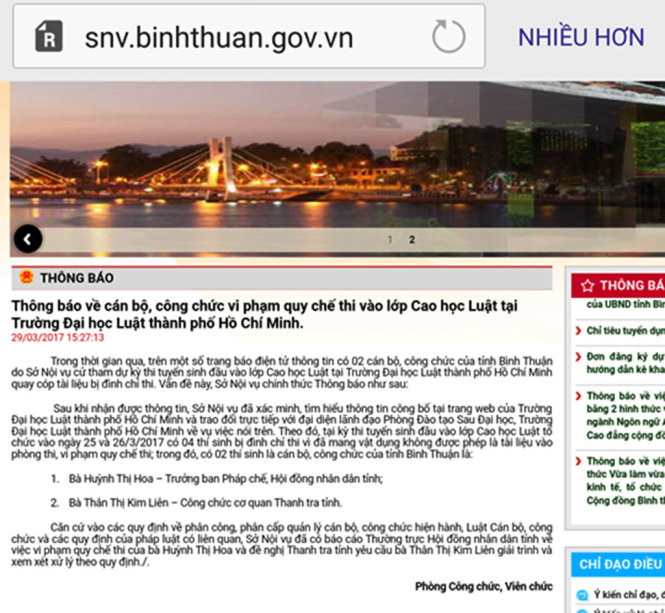 Thông báo của Sở Nội vụ tỉnh Bình Thuận - Ảnh: NGUYỄN NAM