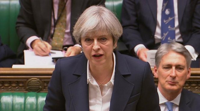 Thủ tướng Anh Theresa May phát biểu trước Quốc hội, công bố kích hoạt điều khoản 50, bắt đầu tiến trình Brexit  - Ảnh: Reuters
