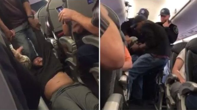 Hình ảnh cắt từ clip cho thấy 1 hành khách bị lôi thô bạo ra khỏi máy bay - Ảnh: Twitter