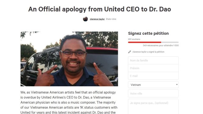 Ảnh chụp lại màn hình trang change.org cho thấy chiến dịch kêu gọi mọi người ký vào đơn kiến nghị tập thể yêu cầu hãng bay United của Mỹ phải công khai xin lỗi bác sĩ David Dao