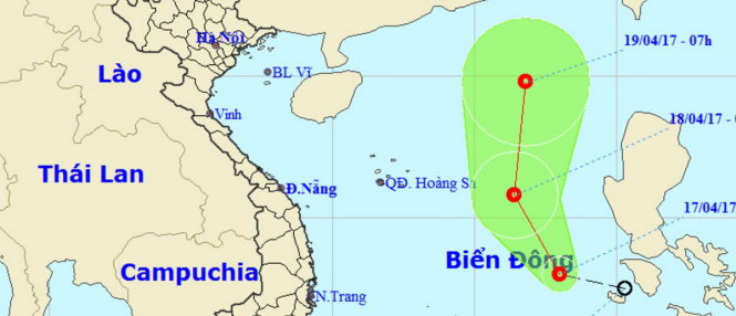 Sơ đồ dự báo đường đi và vị trí của áp thấp nhiệt đới - Ảnh: nchmf.gov.vn