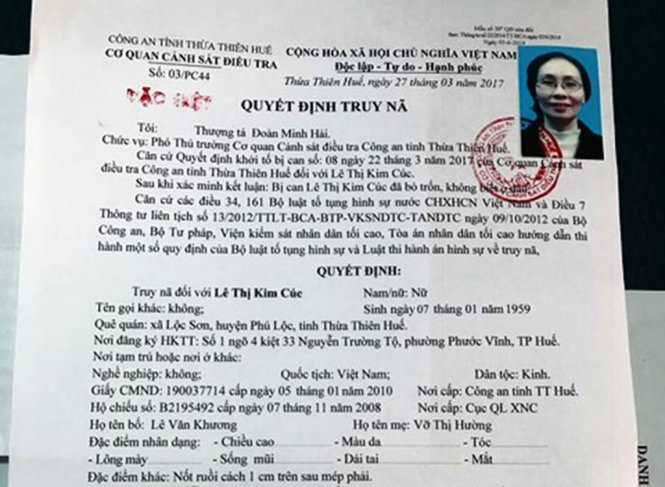 Hình ảnh Lê Thị Kim Cúc tại quyết định truy nã đặc biệt