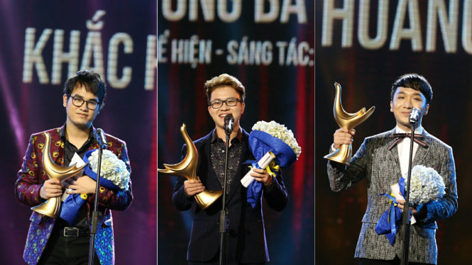 Từ trái qua: Khắc Hưng nhận giải Nhà sản xuất âm nhạc, Nhạc sĩ của năm; Lê Thiện Hiếu nhận giải Bài hát của năm; Hoàng Rob nhận giải Nghệ sĩ mới - Ảnh: Gia Tiến
