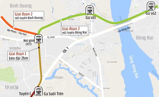 Hướng tuyến metro Bến Thành - Suối Tiên kéo dài thêm 2km đi Bình Dương và Đồng Nai - Đồ họa: VĨ CƯỜNG