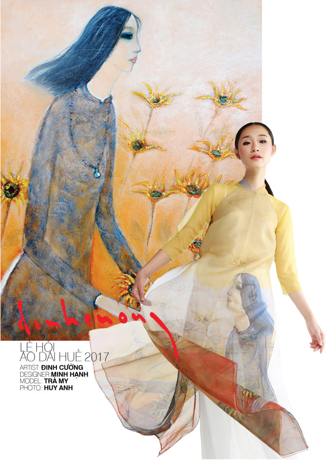 Tranh của họa sĩ Đinh Cường trên áo dài của nhà thiết kế Minh Hạnh
										Ảnh: Huy Anh