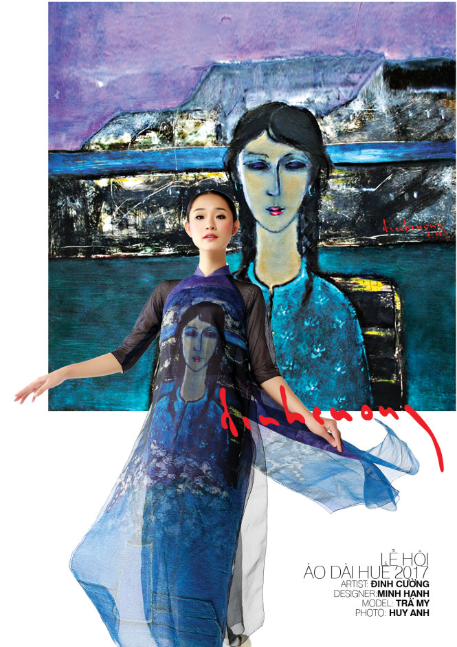 Tranh của họa sĩ Đinh Cường trên áo dài của nhà thiết kế Minh Hạnh
										Ảnh: Huy Anh