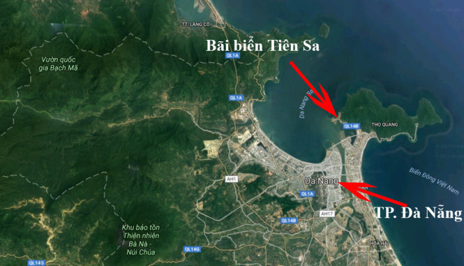 Vị trí TP. Đà Nẵng và bãi biển Tiên Sa trên bản đồ Google Map