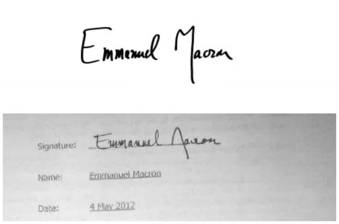 Chữ ký thật của ông Macron trong bản khai tài sản (trên) so với chữ ký giả. Ảnh: Le Parisien