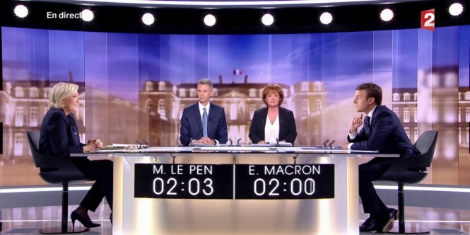 Bà Le Pen (trái) và ông Macron tranh luận trên truyền hình ngày 3-5 - Ảnh: AFP